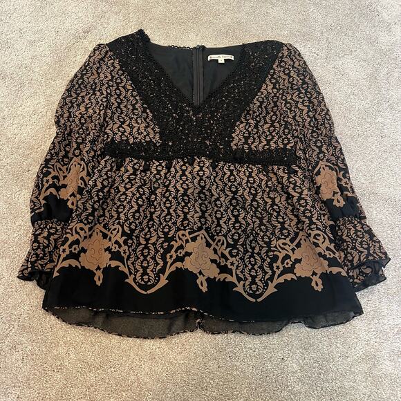 Nanette Lepore Women's 100% Silk Vneck Blouse Brown Black Lace Pattern Size 6 - Picture 4 of 8